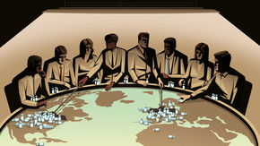 Illustration: 8 people around a world map, gambling with vaccine vials, most of which sit on North America and Europe.